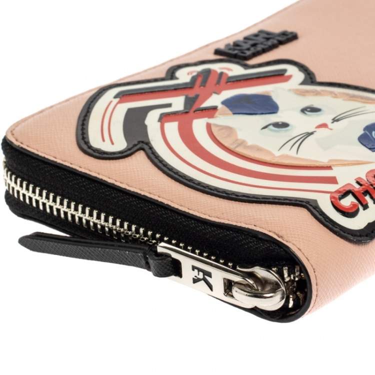 Pre Owned Karl Lagerfeld Pink/Black Leather Choupette Zip Around Continental Wallet 