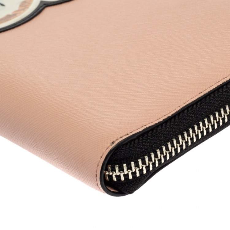 Pre Owned Karl Lagerfeld Pink/Black Leather Choupette Zip Around Continental Wallet 