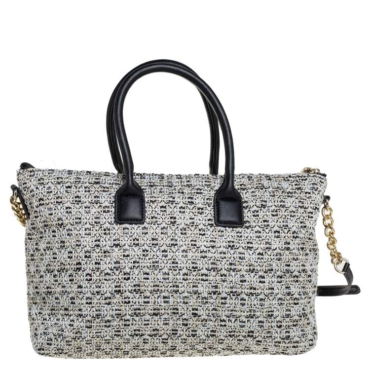 Pre Owned Karl Lagerfeld White/Black Tweed and Leather Kris Bow Tote
