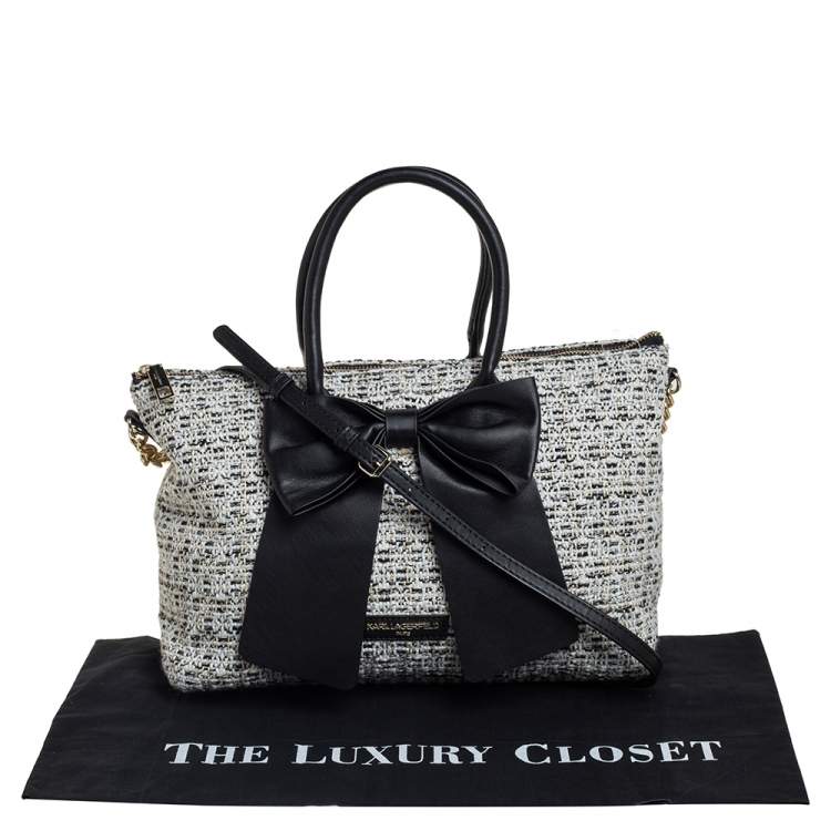 Pre Owned Karl Lagerfeld White/Black Tweed and Leather Kris Bow Tote