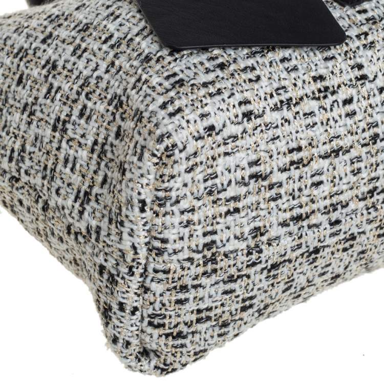 Pre Owned Karl Lagerfeld White/Black Tweed and Leather Kris Bow Tote