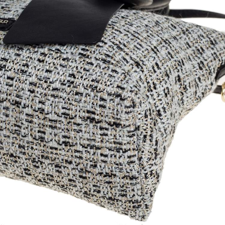 Pre Owned Karl Lagerfeld White/Black Tweed and Leather Kris Bow Tote