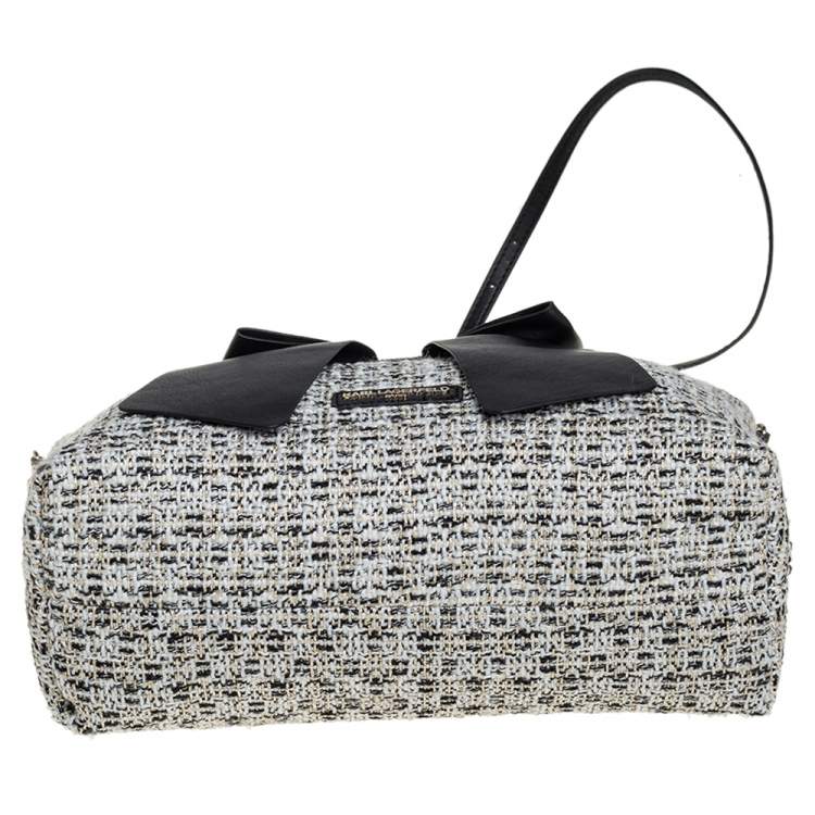 Pre Owned Karl Lagerfeld White/Black Tweed and Leather Kris Bow Tote