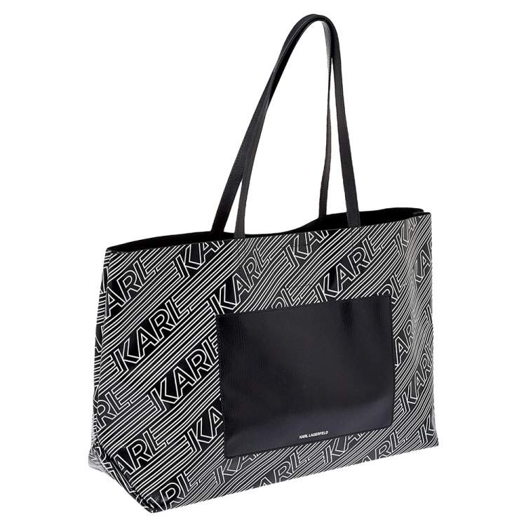 مملوكة مسبقًا Karl Lagerfeld Black/White Logo Print Patent Vinyl and Leather Open Tote