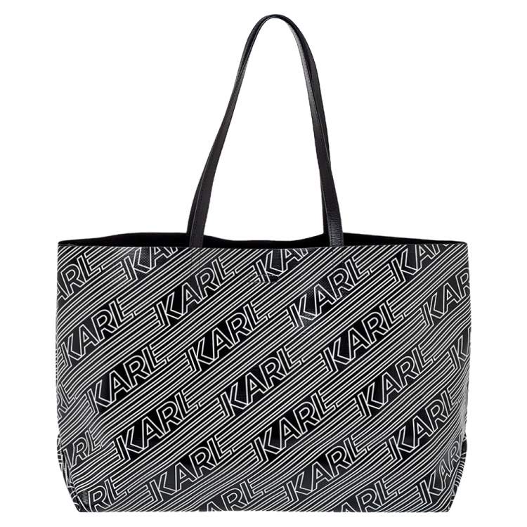 مملوكة مسبقًا Karl Lagerfeld Black/White Logo Print Patent Vinyl and Leather Open Tote