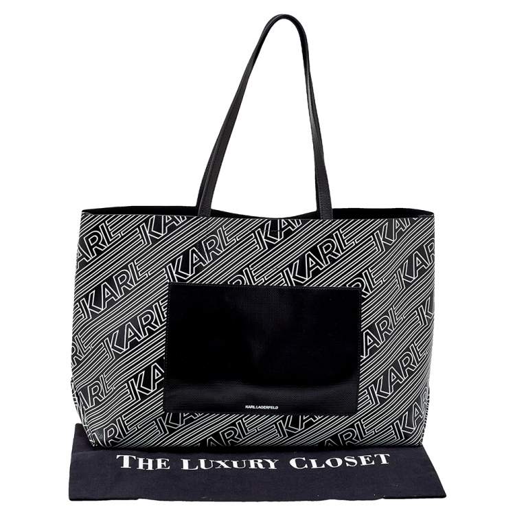 مملوكة مسبقًا Karl Lagerfeld Black/White Logo Print Patent Vinyl and Leather Open Tote