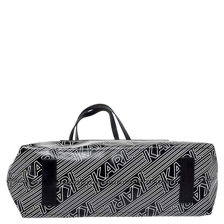 مملوكة مسبقًا Karl Lagerfeld Black/White Logo Print Patent Vinyl and Leather Open Tote