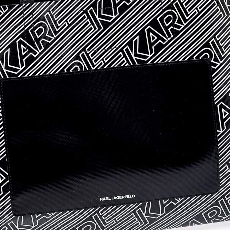مملوكة مسبقًا Karl Lagerfeld Black/White Logo Print Patent Vinyl and Leather Open Tote