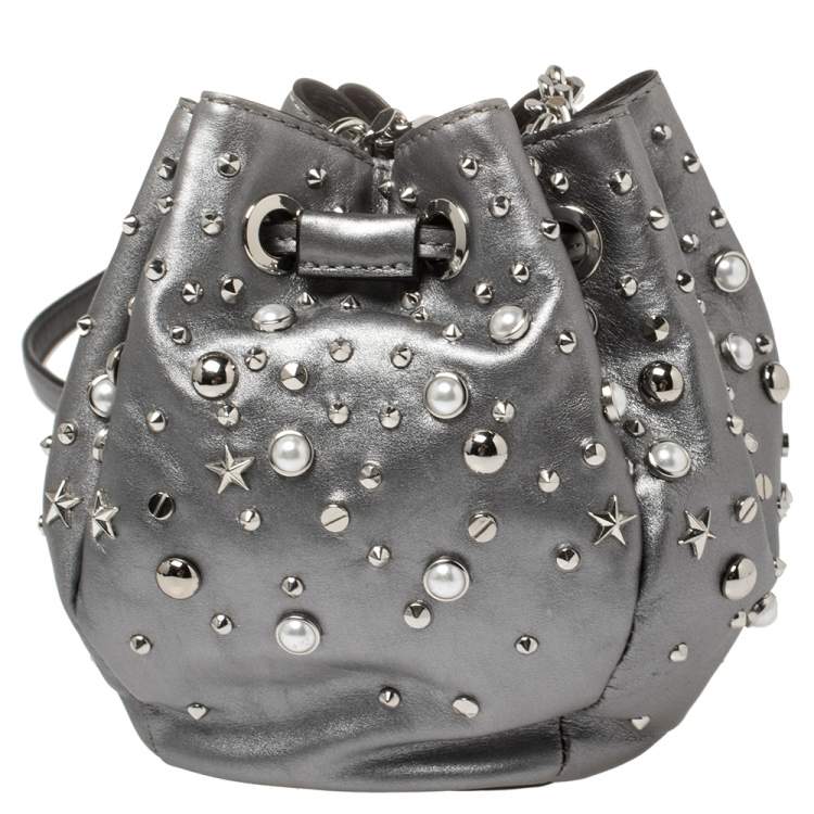 Pre Owned Karl Lagerfeld Metallic Silver Leather K/Rocky Studs Drawstring Bag           