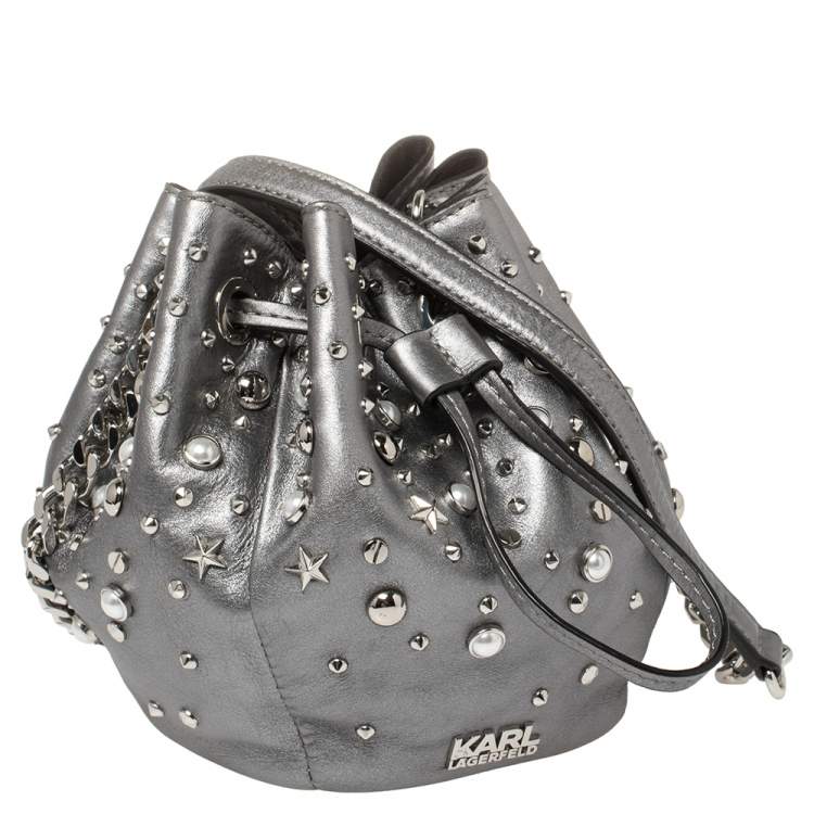 Pre Owned Karl Lagerfeld Metallic Silver Leather K/Rocky Studs Drawstring Bag           