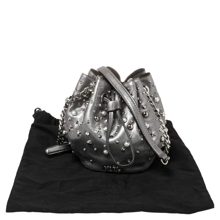 Pre Owned Karl Lagerfeld Metallic Silver Leather K/Rocky Studs Drawstring Bag           