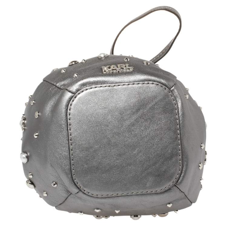 Pre Owned Karl Lagerfeld Metallic Silver Leather K/Rocky Studs Drawstring Bag           