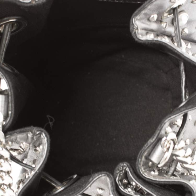 Pre Owned Karl Lagerfeld Metallic Silver Leather K/Rocky Studs Drawstring Bag           