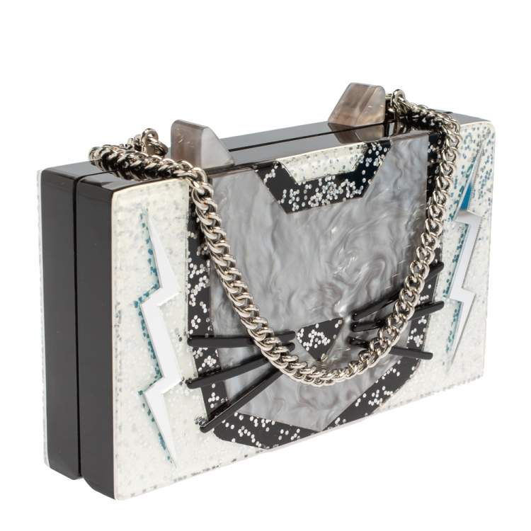 Pre Owned Karl Lagerfeld Black/Silver Glitter Acrylic Choupette Minaudiere Chain Box Clutch