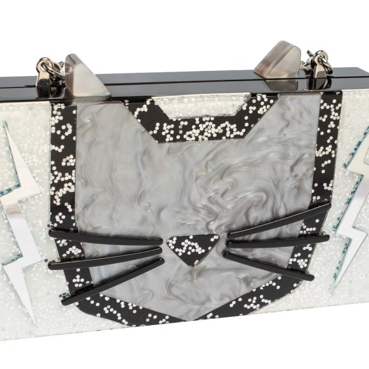Pre Owned Karl Lagerfeld Black/Silver Glitter Acrylic Choupette Minaudiere Chain Box Clutch