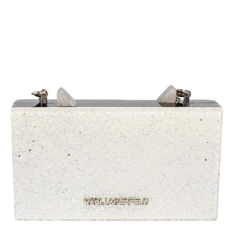 Pre Owned Karl Lagerfeld Black/Silver Glitter Acrylic Choupette Minaudiere Chain Box Clutch