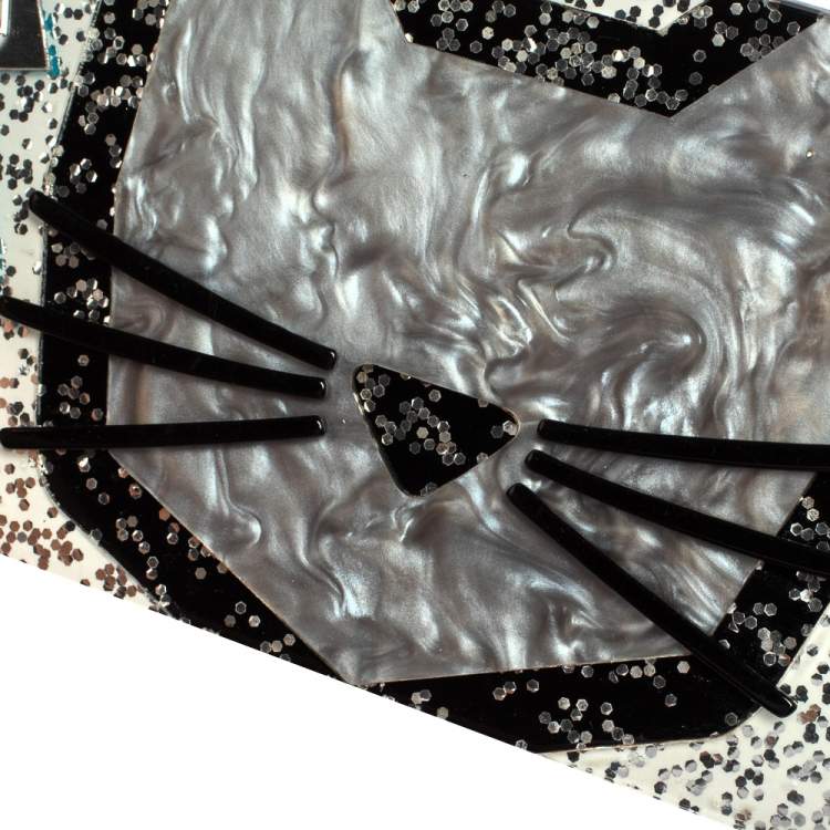 Pre Owned Karl Lagerfeld Black/Silver Glitter Acrylic Choupette Minaudiere Chain Box Clutch