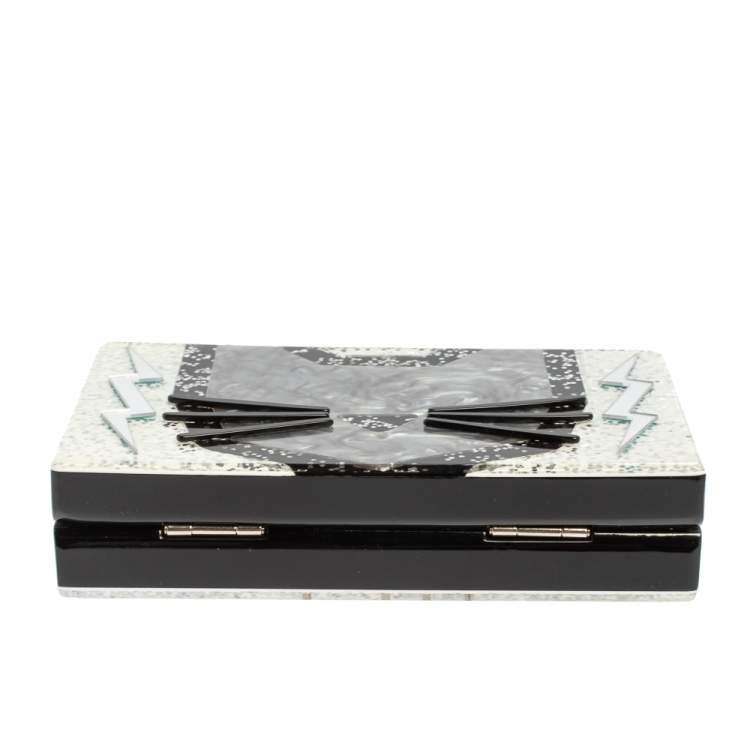 Pre Owned Karl Lagerfeld Black/Silver Glitter Acrylic Choupette Minaudiere Chain Box Clutch