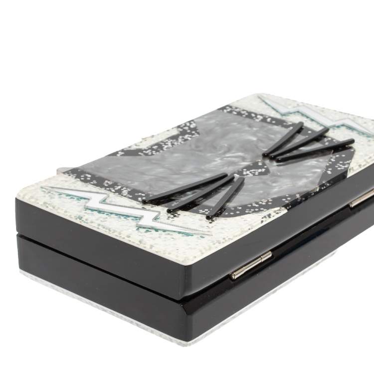 Pre Owned Karl Lagerfeld Black/Silver Glitter Acrylic Choupette Minaudiere Chain Box Clutch