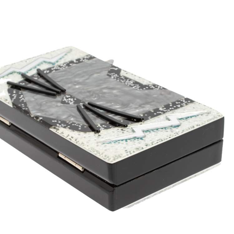 Pre Owned Karl Lagerfeld Black/Silver Glitter Acrylic Choupette Minaudiere Chain Box Clutch