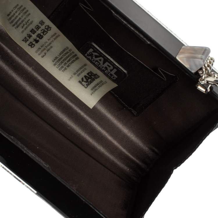 Pre Owned Karl Lagerfeld Black/Silver Glitter Acrylic Choupette Minaudiere Chain Box Clutch