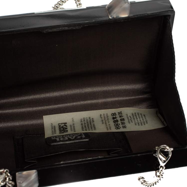 Pre Owned Karl Lagerfeld Black/Silver Glitter Acrylic Choupette Minaudiere Chain Box Clutch