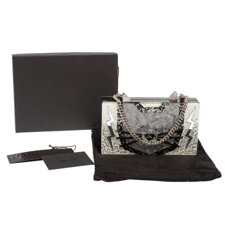 Pre Owned Karl Lagerfeld Black/Silver Glitter Acrylic Choupette Minaudiere Chain Box Clutch
