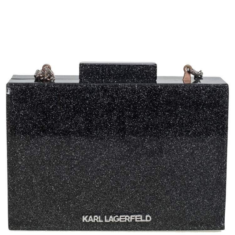 Pre Owned Karl Lagerfeld Black Glitter Acrylic Tres Karl Chain Box Clutch