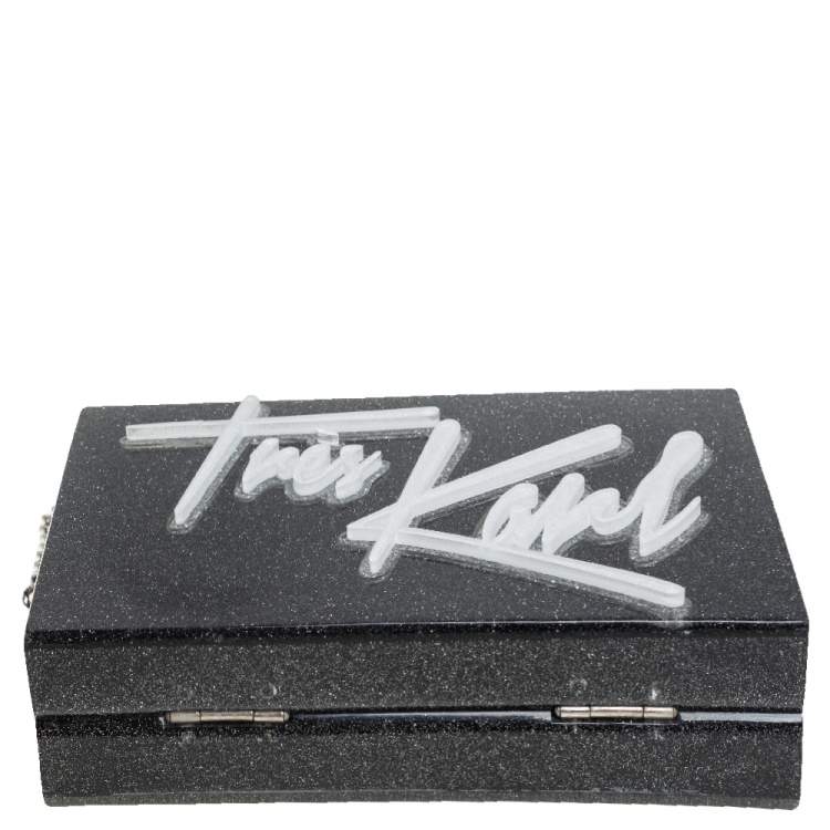 Pre Owned Karl Lagerfeld Black Glitter Acrylic Tres Karl Chain Box Clutch