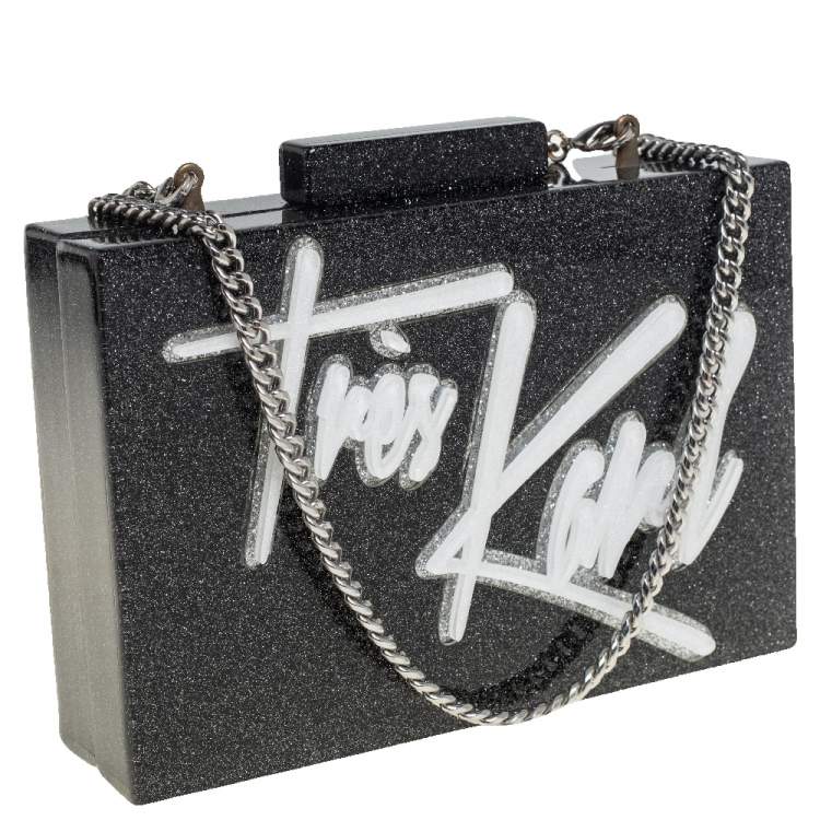 Pre Owned Karl Lagerfeld Black Glitter Acrylic Tres Karl Chain Box Clutch