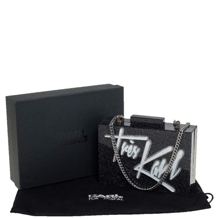 Pre Owned Karl Lagerfeld Black Glitter Acrylic Tres Karl Chain Box Clutch