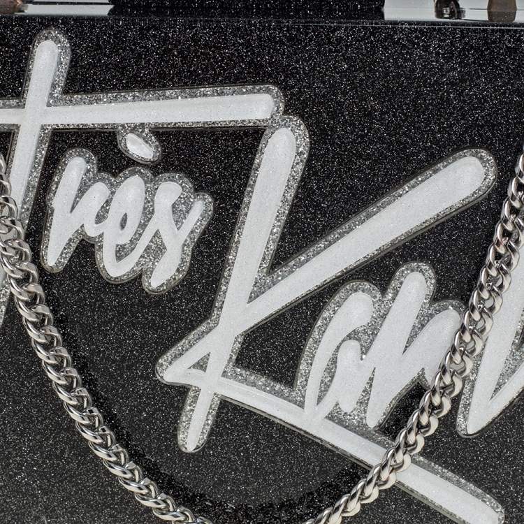 Pre Owned Karl Lagerfeld Black Glitter Acrylic Tres Karl Chain Box Clutch