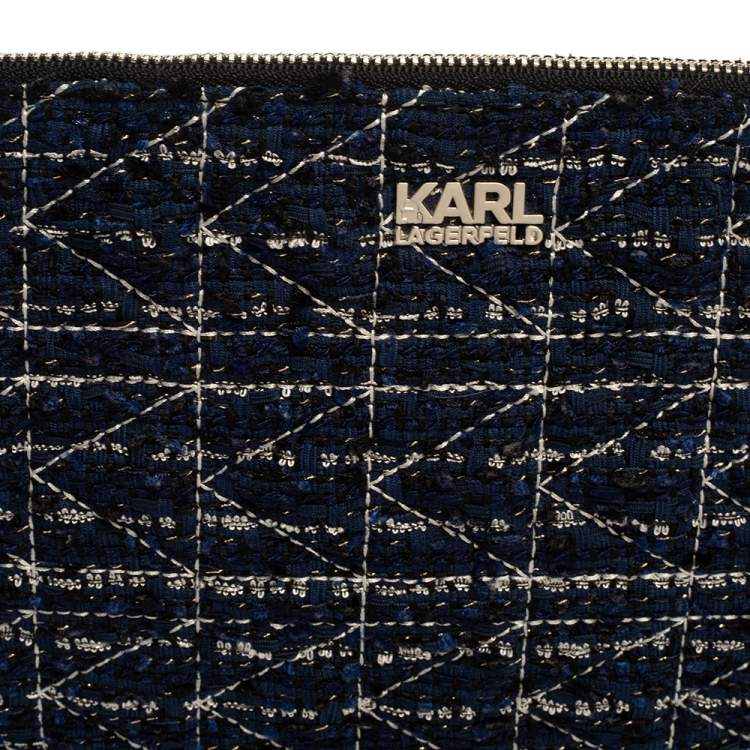 Pre Owned Karl Lagerfeld Blue/Black Quilted Tweed and Leather Zip Clutch