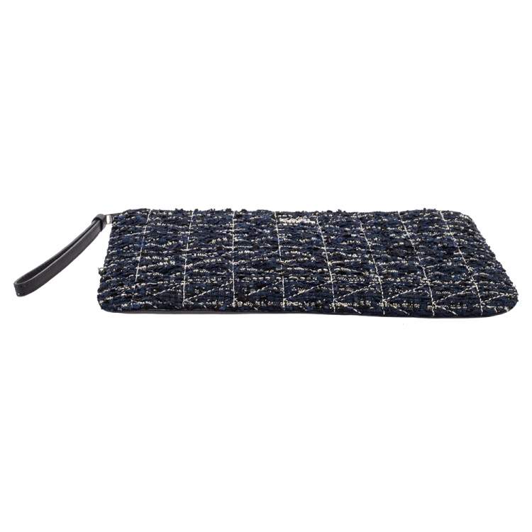 Pre Owned Karl Lagerfeld Blue/Black Quilted Tweed and Leather Zip Clutch