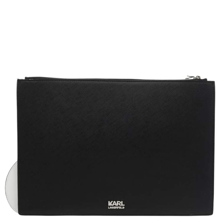 Pre Owned Karl Lagerfeld Black Leather Ikonik Top Zip Clutch