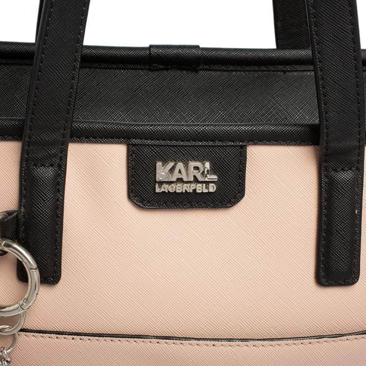 Pre Owned Karl Lagerfeld Salmon Pink/Black Coated Canvas and Leather Team Karl Tote