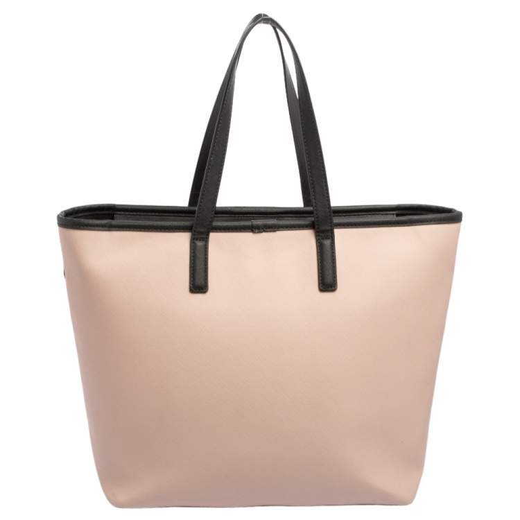 Pre Owned Karl Lagerfeld Salmon Pink/Black Coated Canvas and Leather Team Karl Tote