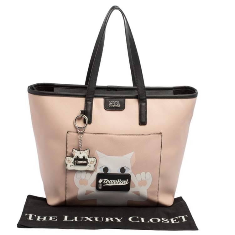 Pre Owned Karl Lagerfeld Salmon Pink/Black Coated Canvas and Leather Team Karl Tote