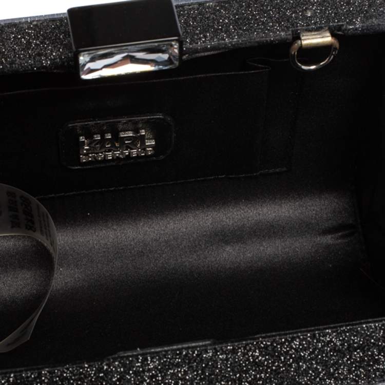 Pre Owned Karl Lagerfeld Black/Silver Glitter Acrylic Minaudiere Diamonds Chain Box Clutch
