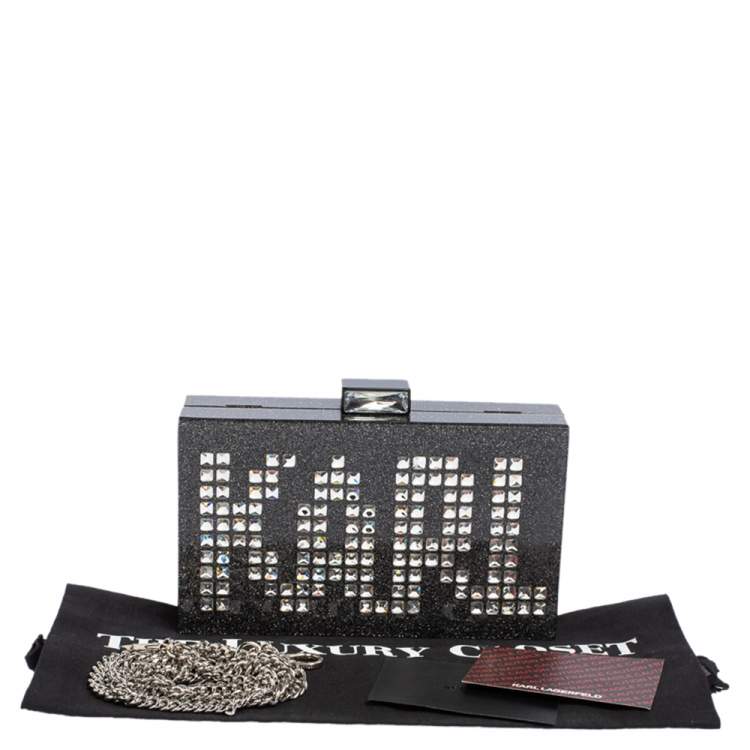 Pre Owned Karl Lagerfeld Black/Silver Glitter Acrylic Minaudiere Diamonds Chain Box Clutch