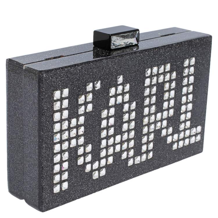 Pre Owned Karl Lagerfeld Black/Silver Glitter Acrylic Minaudiere Diamonds Chain Box Clutch