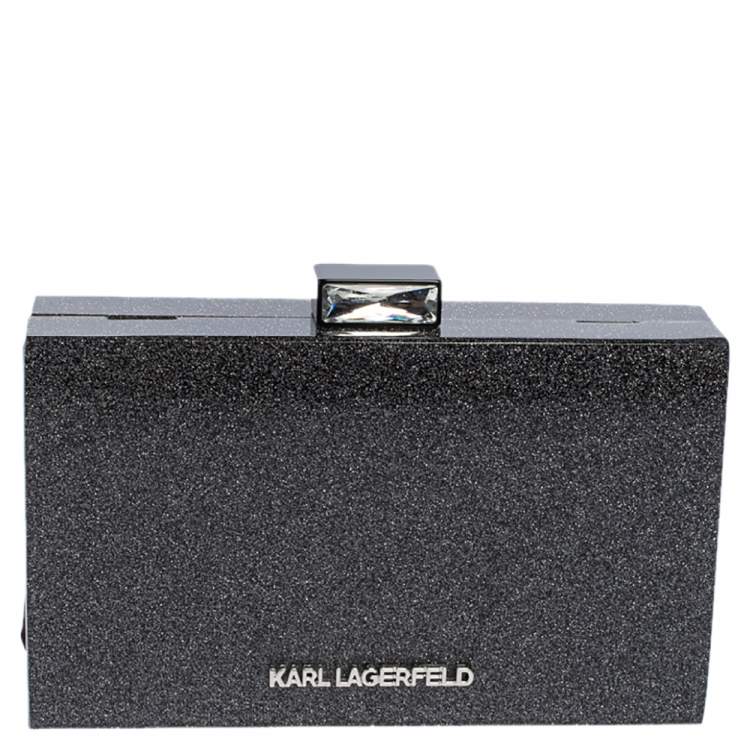 Pre Owned Karl Lagerfeld Black/Silver Glitter Acrylic Minaudiere Diamonds Chain Box Clutch