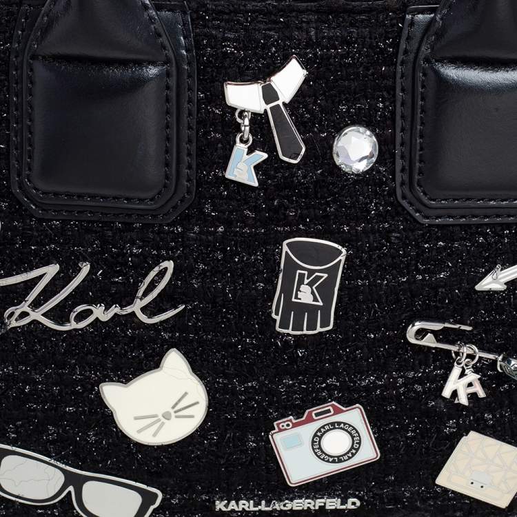 Pre Owned Karl Lagerfeld Black Leather And Tweed K/Klassik Pins Mini Tote
