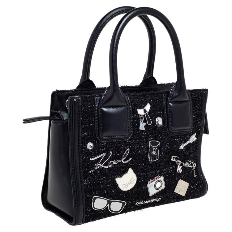 Pre Owned Karl Lagerfeld Black Leather And Tweed K/Klassik Pins Mini Tote