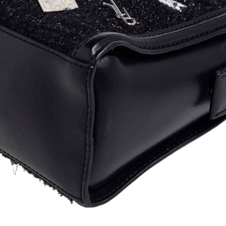 Pre Owned Karl Lagerfeld Black Leather And Tweed K/Klassik Pins Mini Tote