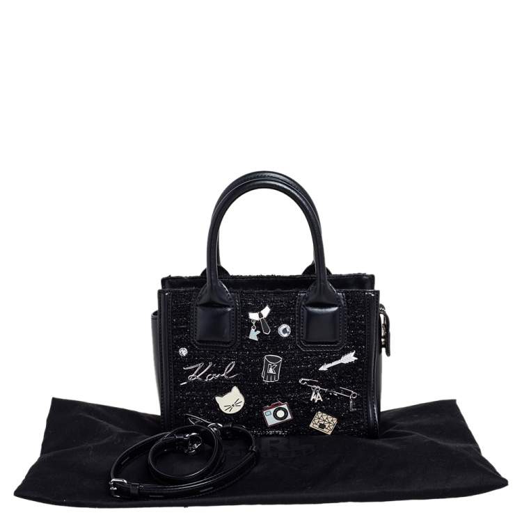 Pre Owned Karl Lagerfeld Black Leather And Tweed K/Klassik Pins Mini Tote