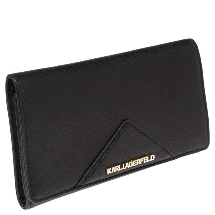 Pre Owned Karl Lagerfeld Black Leather Long Trifold Wallet