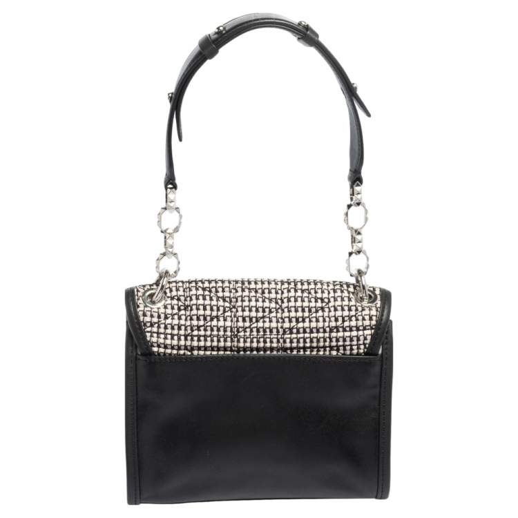 Pre Owned Karl Lagerfeld Black/Silver Leather and Tweed K/Kuilted Stud Shoulder Bag