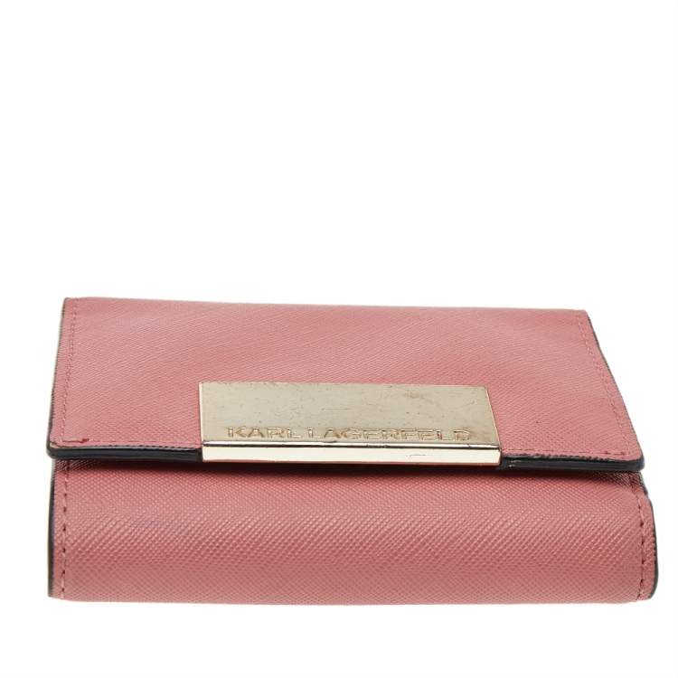 Pre Owned Karl Lagerfeld Pink Saffiano Leather Trifold Wallet