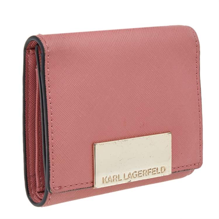 Pre Owned Karl Lagerfeld Pink Saffiano Leather Trifold Wallet